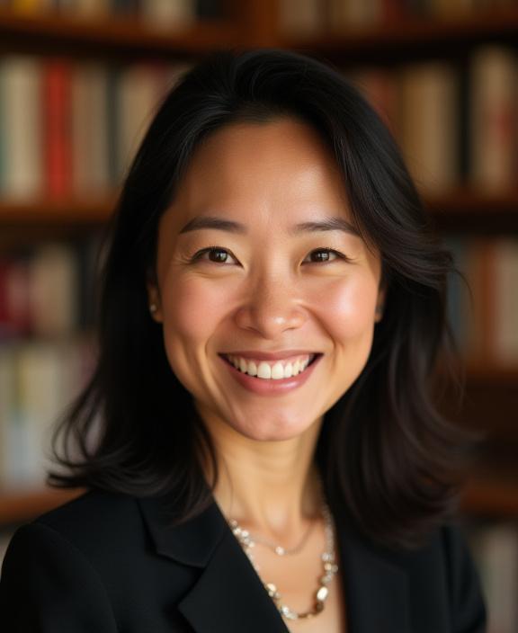 A warm portrait of the store's founder, Sarah Lim, smiling in front of a richly stocked bookshelf.