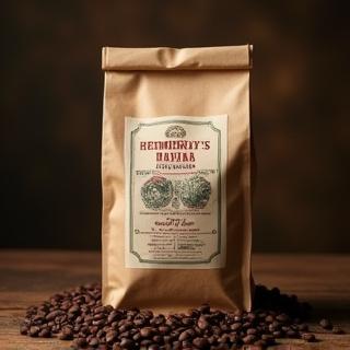 A rustic craft paper bag of premium coffee beans, bearing a custom label for 'Hemingway's Havana' coffee blend.
