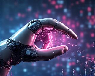 Robotic hand interacting with glowing data